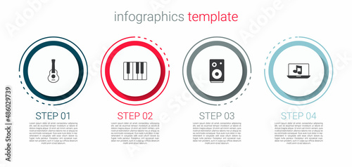 Set Guitar, Music synthesizer, Stereo speaker and Laptop with music. Business infographic template. Vector