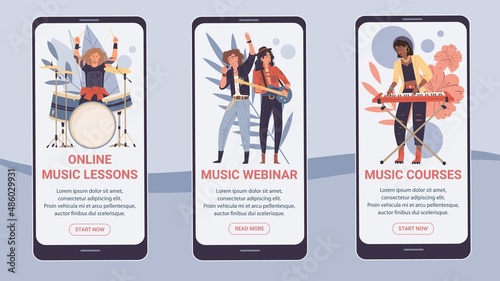 Set of vector flat cartoon characters sing and play music on smartphone app screens-mobile UI kit templates for online education,music courses webinars applications,web page design with people scenes
