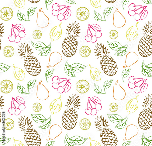 seamless pattern with fruits  pineapple  cherry  lemon  pear. Vector illustration