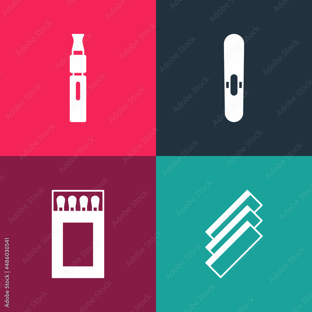 Set pop art Cigarette rolling papers, Matchbox and matches, and Electronic cigarette icon. Vector Set pop art Cigarette rolling papers, Matchbox and matches, and Electronic cigarette icon. Vector