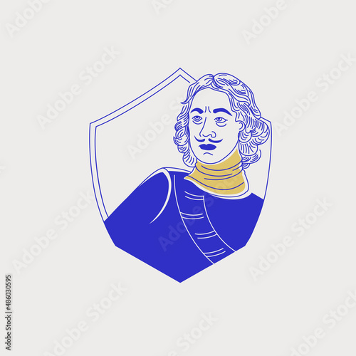 Portrait of a man in a historical military suit -  Russian tsar Peter 1. Vector illustration in line style.
