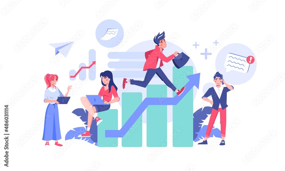 Tiny business people working together sitting running on graph chart arrow growing flat vector illustration. Business growth and development concept