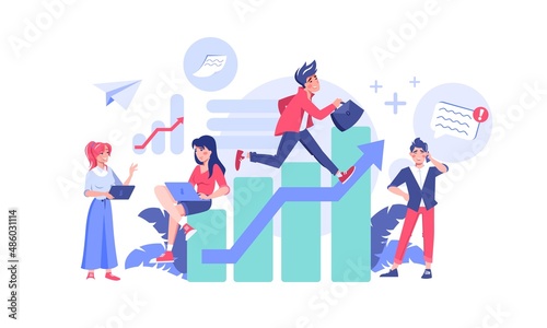 Tiny business people working together sitting running on graph chart arrow growing flat vector illustration. Business growth and development concept