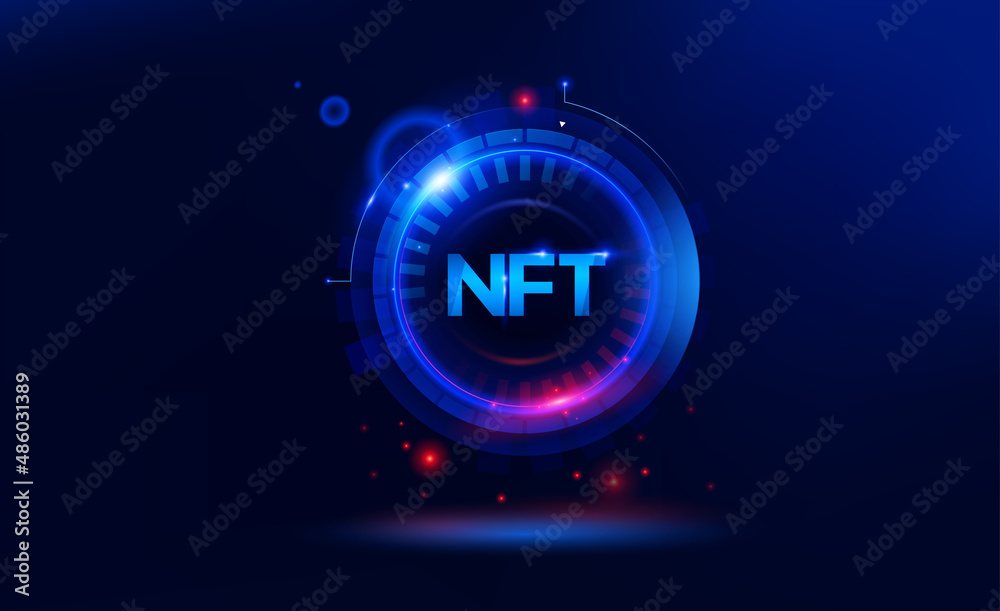 NFT nonfungible token illustration with red and blue glowing lights dark blue background. Vector cryptocurrency