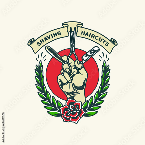 Hand Drawn Vintage Barbershop Rockabilly Logo Badge