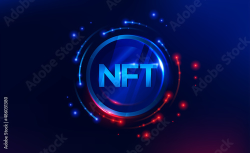 NFT nonfungible token illustration with red and blue glowing lights dark blue background. Vector cryptocurrency