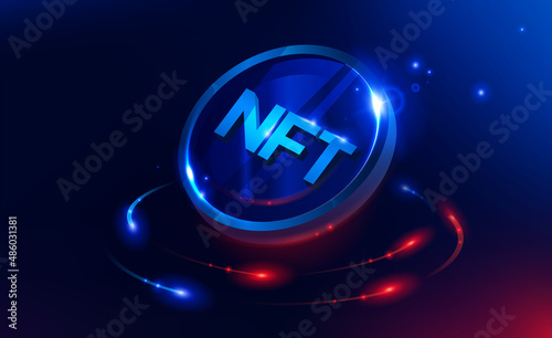 NFT nonfungible token illustration with red and blue glowing lights dark blue background. Vector cryptocurrency
