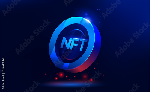 NFT nonfungible token illustration with red and blue glowing lights dark blue background. Vector cryptocurrency