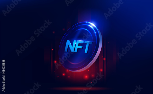 NFT nonfungible token illustration with red and blue glowing lights dark blue background. Vector cryptocurrency