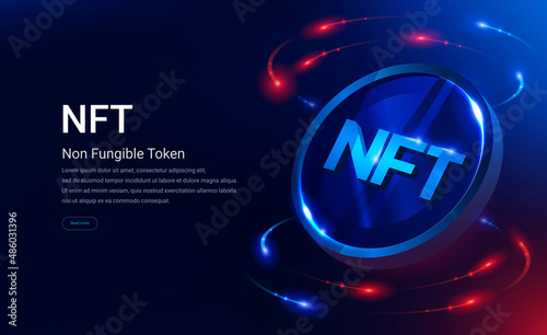 NFT nonfungible token illustration with red and blue glowing lights dark blue background. Vector cryptocurrency