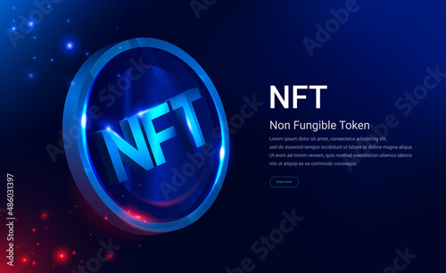 NFT nonfungible token illustration with red and blue glowing lights dark blue background. Vector cryptocurrency photo