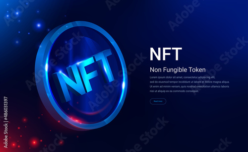 NFT nonfungible token illustration with red and blue glowing lights dark blue background. Vector cryptocurrency