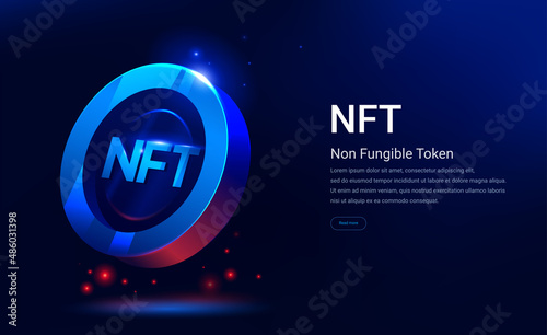 NFT nonfungible token illustration with red and blue glowing lights dark blue background. Vector cryptocurrency photo