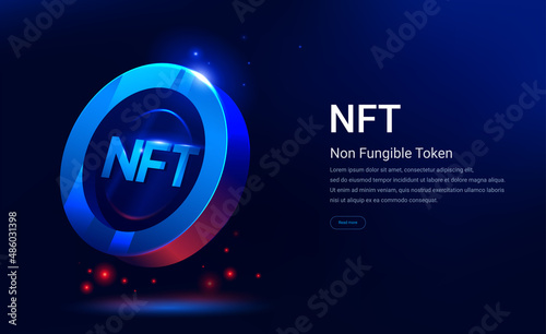 NFT nonfungible token illustration with red and blue glowing lights dark blue background. Vector cryptocurrency