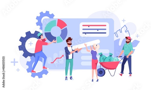 Tiny auditor people team making report analyzing financial project profitability diagram data flat vector illustration. Finance income, investment profit general report in chart and graph concept