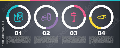 Set line Multimeter, Car transporter truck, Hammer and headlight. Business infographic template. Vector
