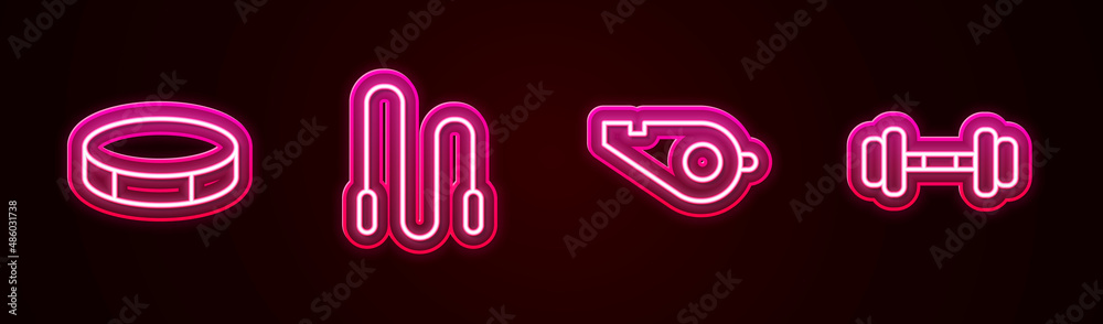 Set line Hockey puck, Jump rope, Whistle and Dumbbell. Glowing neon icon. Vector Set line Hockey puck, Jump rope, Whistle and Dumbbell. Glowing neon icon. Vector