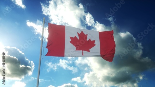 Flag of Canada waving at wind against beautiful blue sky. 3d rendering