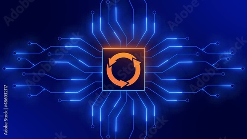 Futuristic digital circuit technology background - rotating update sign in frame between expanding information connecting lines on motion lights