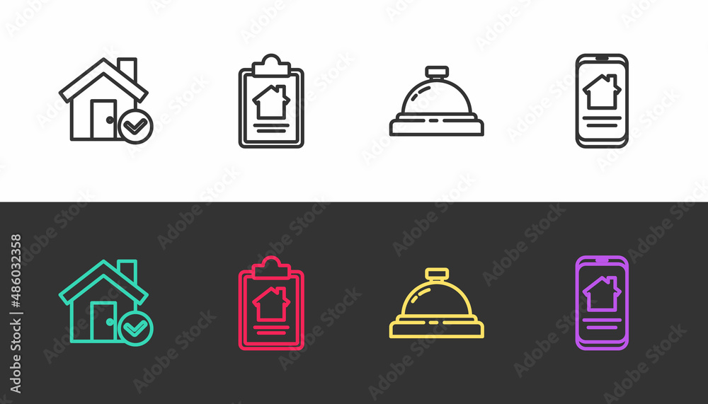 Set line House with check mark, contract, Hotel service bell and Online real estate house on black and white. Vector Set line House with check mark, contract, Hotel service bell and Online real estate house on black and white. Vector