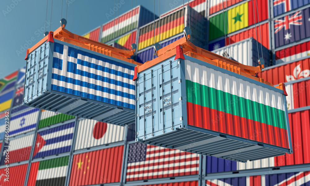 Freight containers with Bulgaria and Greece national flags. 3D Rendering 