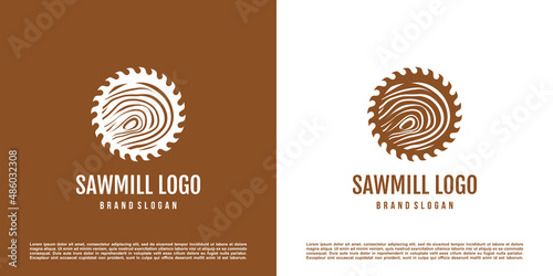 Saw mill logo design with creative element concept Premium Vector