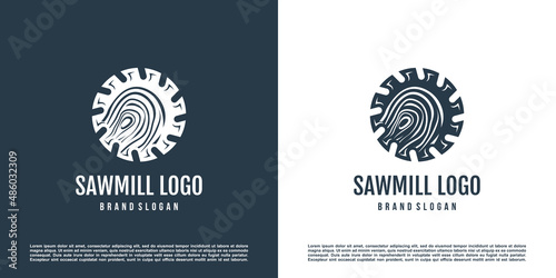 Saw mill logo design with creative element concept Premium Vector