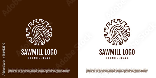 Saw mill logo design with creative element concept Premium Vector
