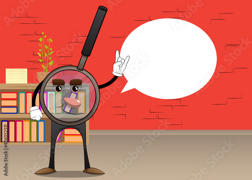 Magnifier with hands in rocker pose. Cartoon Character science research object, analysis, business, examination, optics concept.