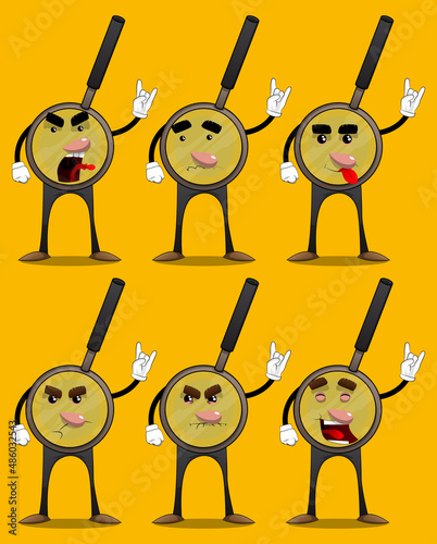 Magnifier with hands in rocker pose. Cartoon Character science research object, analysis, business, examination, optics concept.