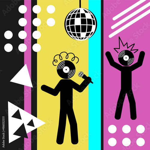 Retro style 80s 90s. Disco, dancing, party, karaoke. Black silhouettes on a colored background.