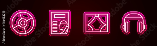 Set line CD or DVD disk, Cinema poster, Curtain and Headphones. Glowing neon icon. Vector