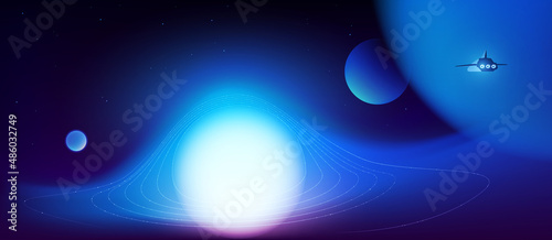 Black hole with singularity, event horizon, planets and spaceship illustration.