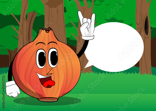 Oninon with hands in rocker pose. Cartoon Farm Vegetable character. Funny Plant illustration.