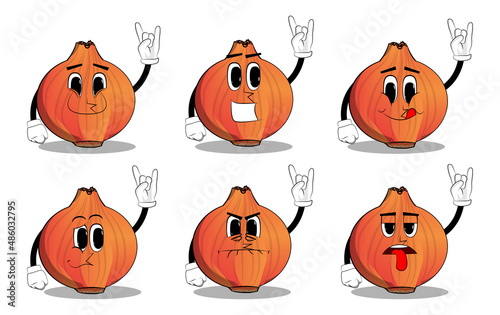 Oninon with hands in rocker pose. Cartoon Farm Vegetable character. Funny Plant illustration.