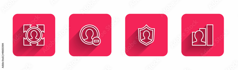 Set line Head hunting, Create account screen, User protection and Productive human with long shadow. Red square button. Vector Set line Head hunting, Create account screen, User protection and Productive human with long shadow. Red square button. Vector
