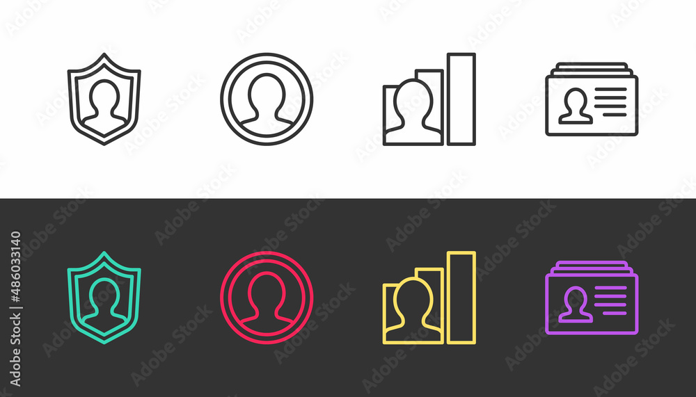 Set line User protection, Create account screen, Productive human and Resume on black and white. Vector Set line User protection, Create account screen, Productive human and Resume on black and white. Vector