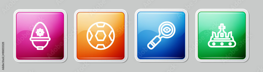 Set line British police helmet, Football ball, Magnifying glass and crown. Colorful square button. Vector Set line British police helmet, Football ball, Magnifying glass and crown. Colorful square button. Vector