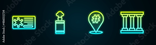 Set line Police badge, Hand grenade, Protest and Prison window. Glowing neon icon. Vector
