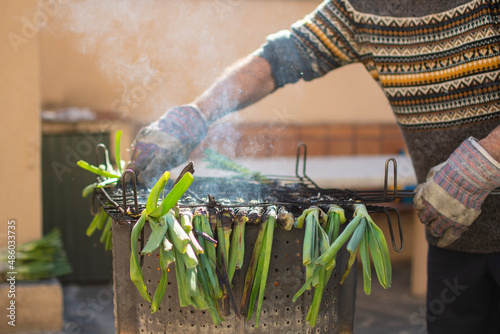 Man hands holding a grilled calçots (or scallions or leeks) photo