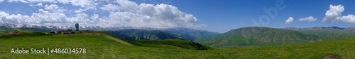 Blooming flowers on Assy plateau with observatory dome on background. Spring in Tien-shan mountains.