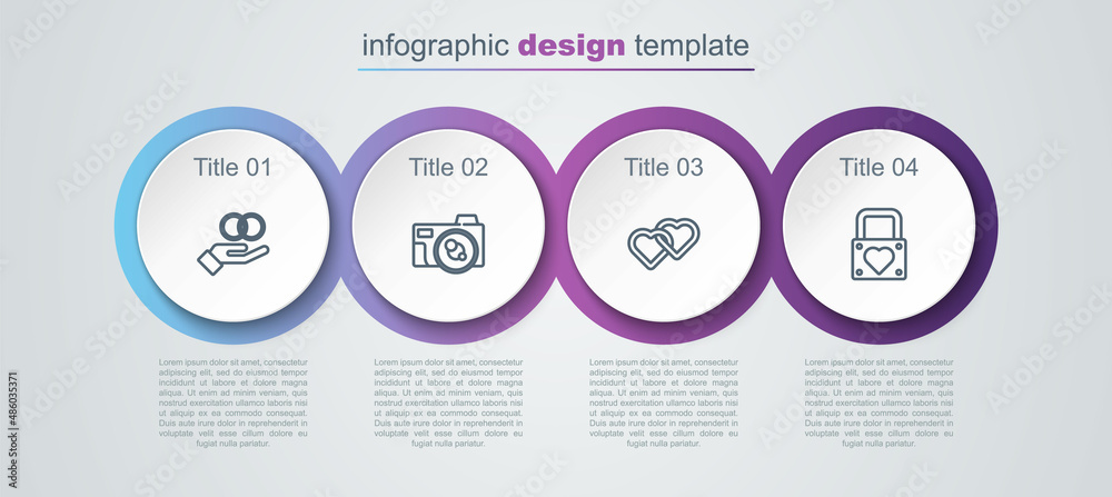 Set line Wedding rings, Photo camera, Two Linked Hearts and Lock and heart. Business infographic template. Vector Set line Wedding rings, Photo camera, Two Linked Hearts and Lock and heart. Business infographic template. Vector