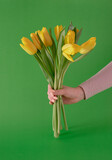 fresh yellow gardening jungle Easter tulips in women hands against green background with copyspace. adorable creative decoration idea.