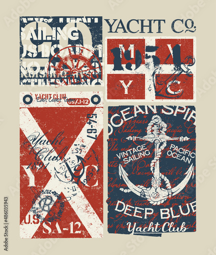 Vintage nautical marine labels patchwork grunge vector print for boy man t shirt