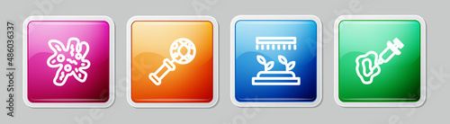 Set line Cell, DNA research, search, Automatic irrigation sprinklers and Syringe. Colorful square button. Vector