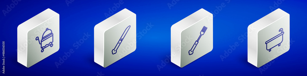 Set Isometric line Covered with tray, Knife, Fork and Bathtub icon. Vector Set Isometric line Covered with tray, Knife, Fork and Bathtub icon. Vector