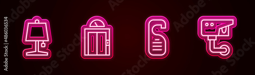 Set line Table lamp, Lift, Please do not disturb and Security camera. Glowing neon icon. Vector