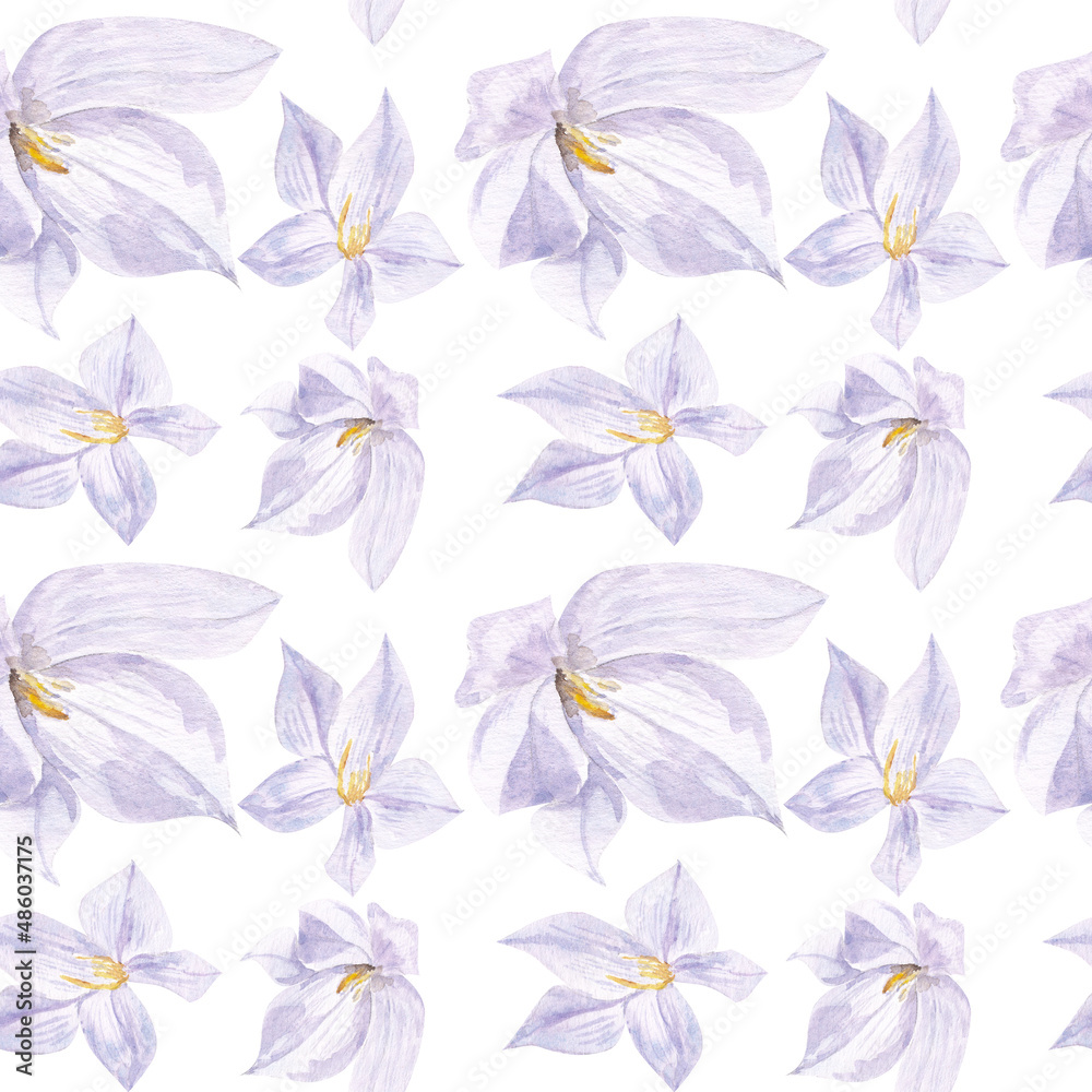 Obraz premium Violet flowers seamless pattern, romantic garden ornament pattern with purple, peach, very peri flower decoration