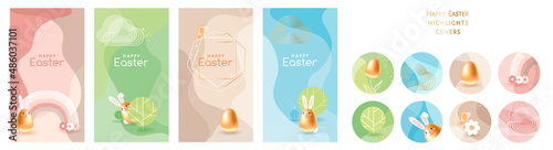 Happy Easter! Trendy pastel abstract templates with gold egg, cute bunny. Suitable for social media posts, mobile apps, cards, invitations, banners design and web, internet ads. Vector illustration.