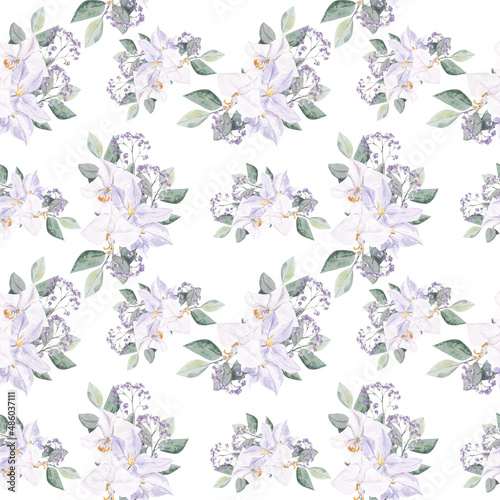 Violet  flowers seamless pattern, romantic garden ornament pattern with purple, peach, very peri flower decoration © gingernatyart